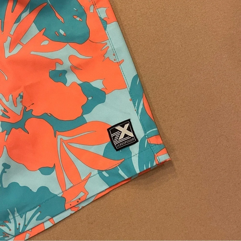 ZeroXposur Men’s Lined Swim Trunks Orange and Blue Tropical Print Large New!